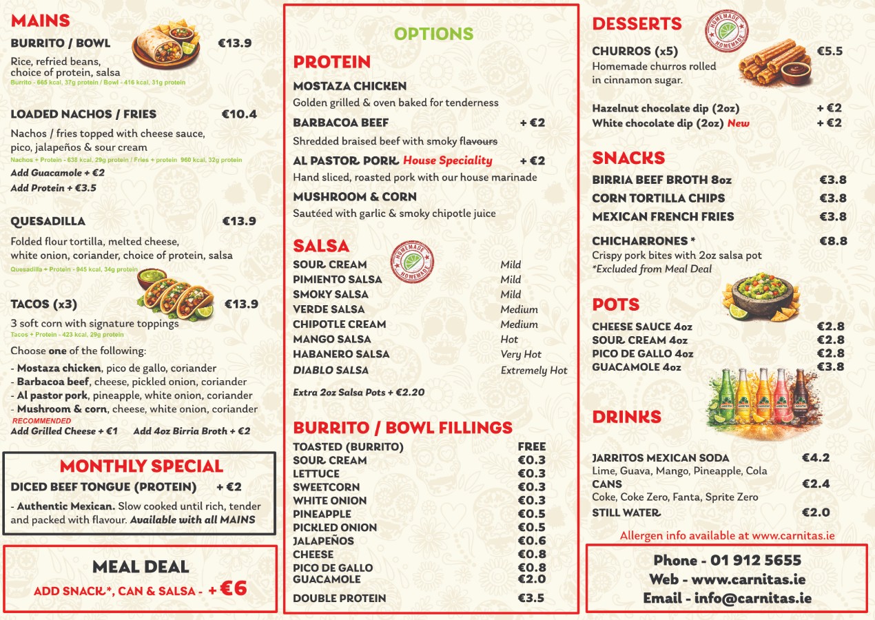 Live notice board screen displaying the full Carnitas menu