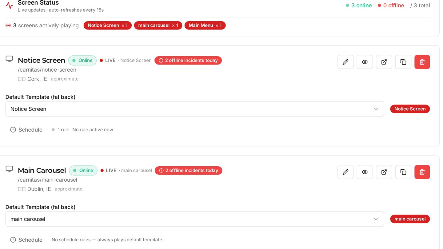 MenuScreens dashboard listing screens with live online status