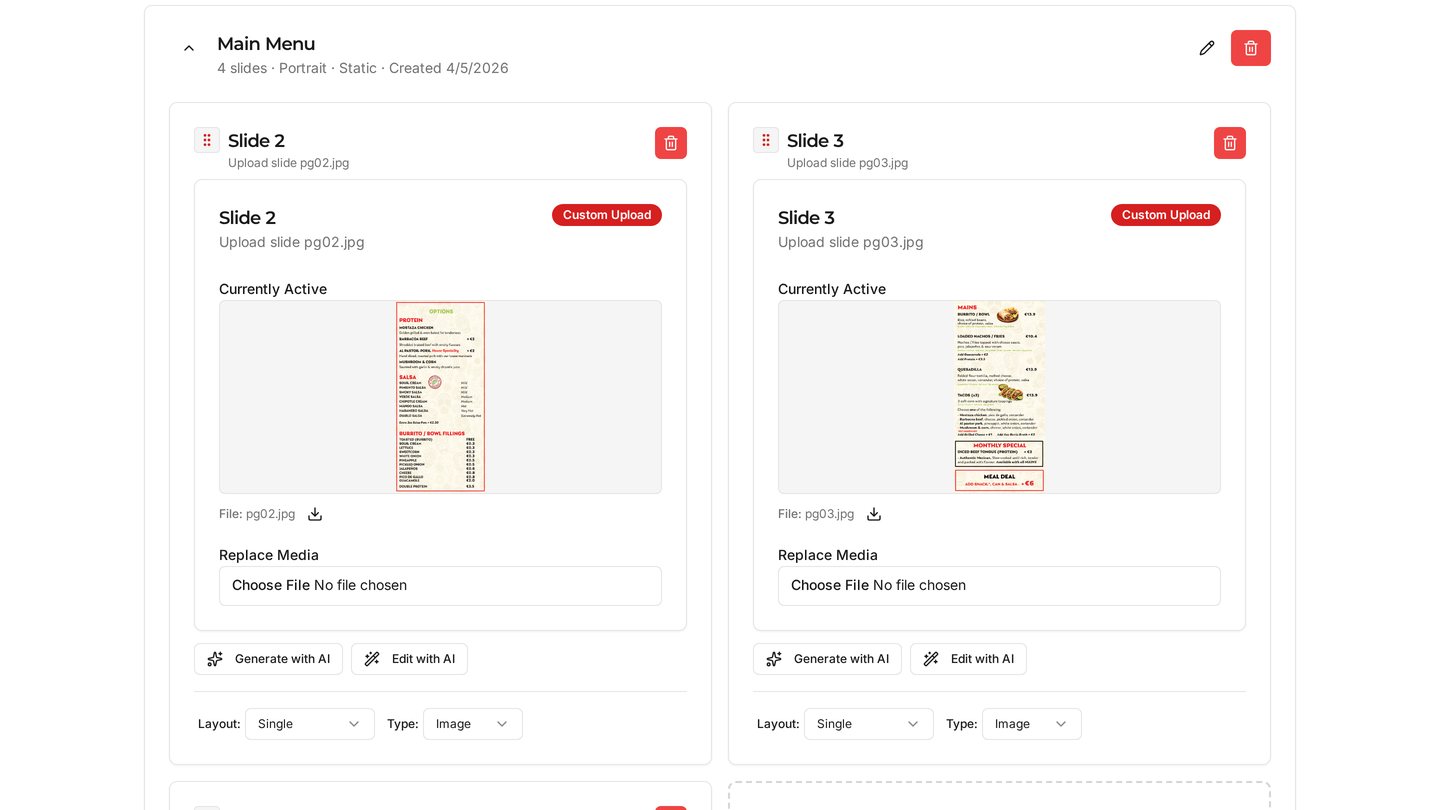 Template editor showing menu slides ready to reorder and replace